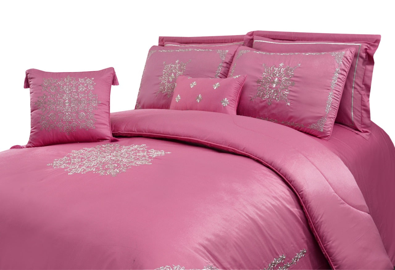 8 PCs Comforter Set Mist Pink w/Silver Emb. King- Cotton Sateen