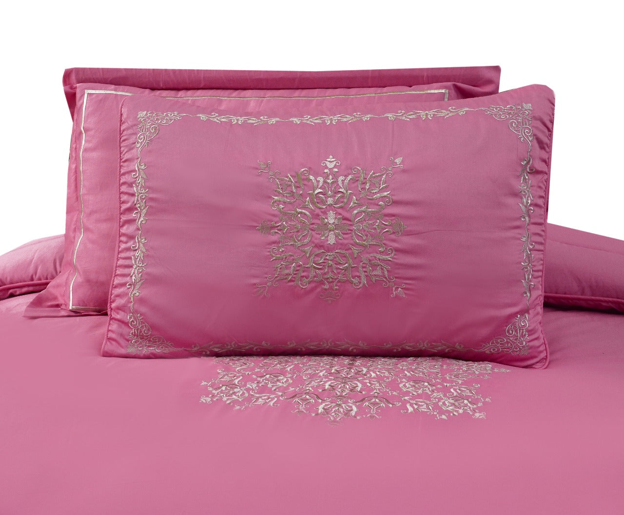 8 PCs Comforter Set Mist Pink w/Silver Emb. King- Cotton Sateen