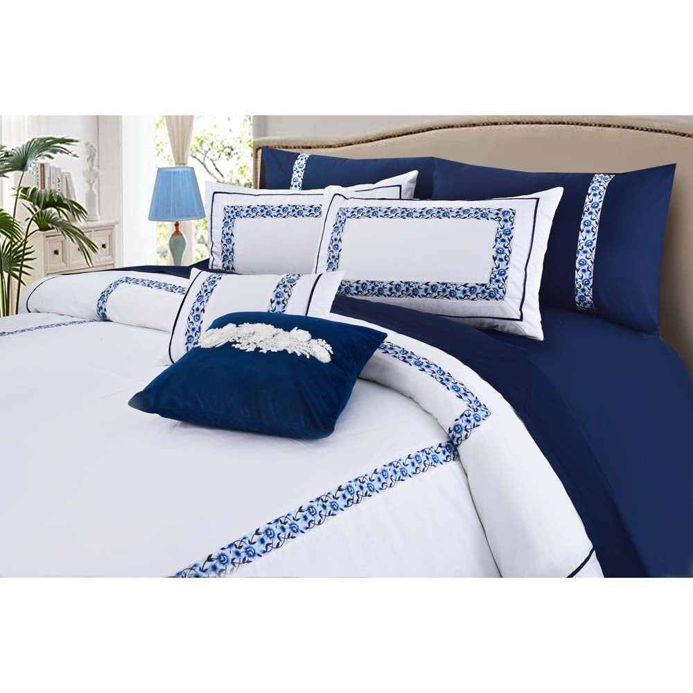 8 PCs Comforter Set Blue Poetry - Cotton Sateen