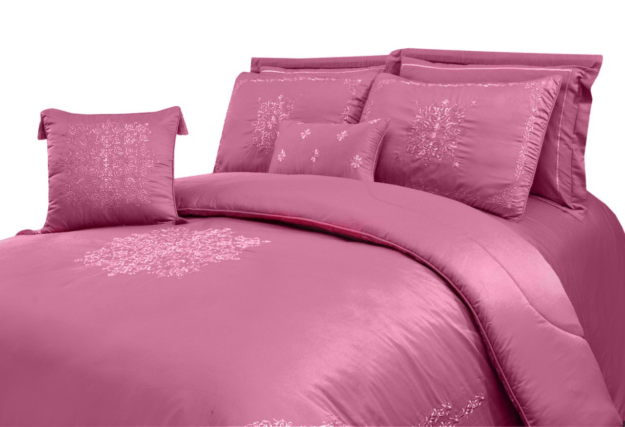 8 PCs Comforter Set Mist Pink w/Pink Emb. King- Cotton Sateen