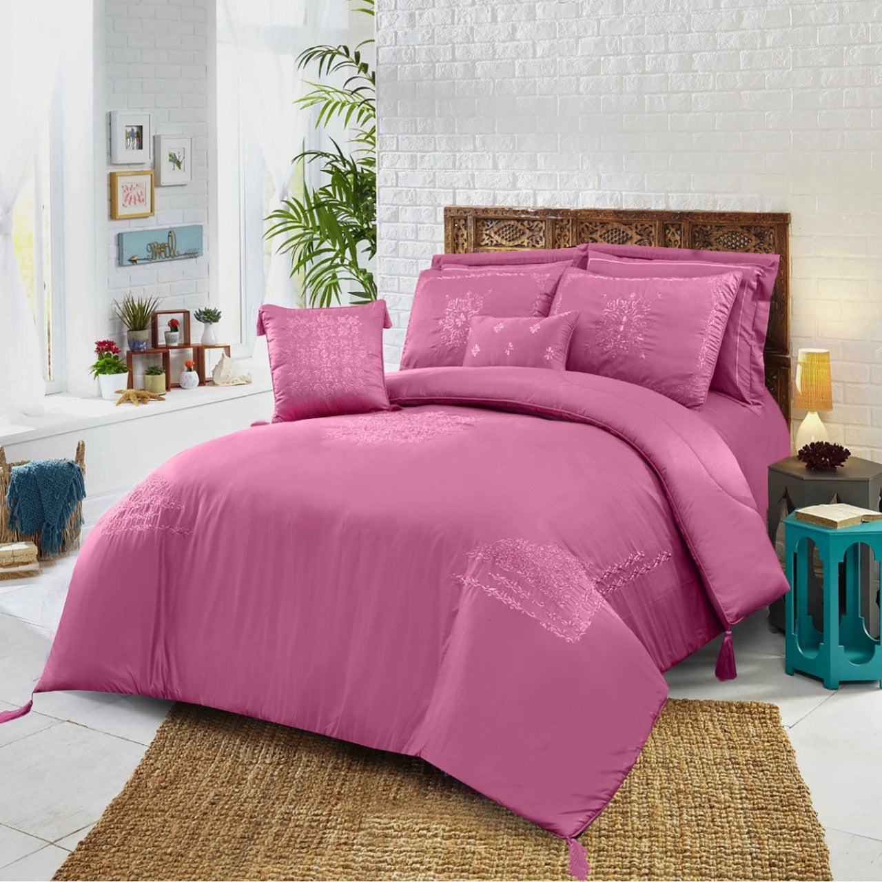 8 PCs Comforter Set Mist Pink w/Pink Emb. King- Cotton Sateen