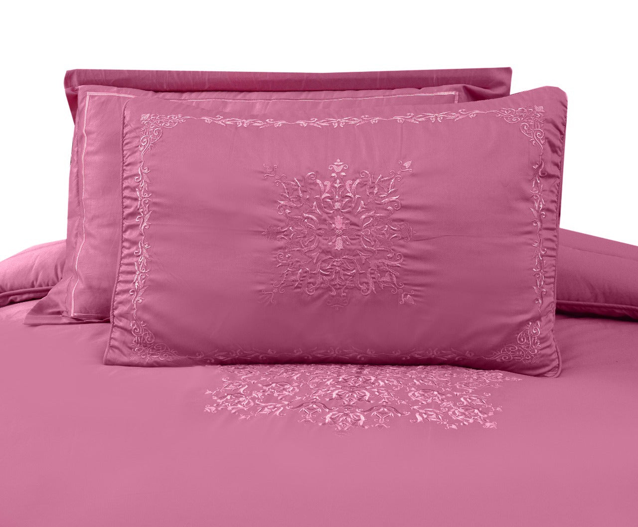 8 PCs Comforter Set Mist Pink w/Pink Emb. King- Cotton Sateen