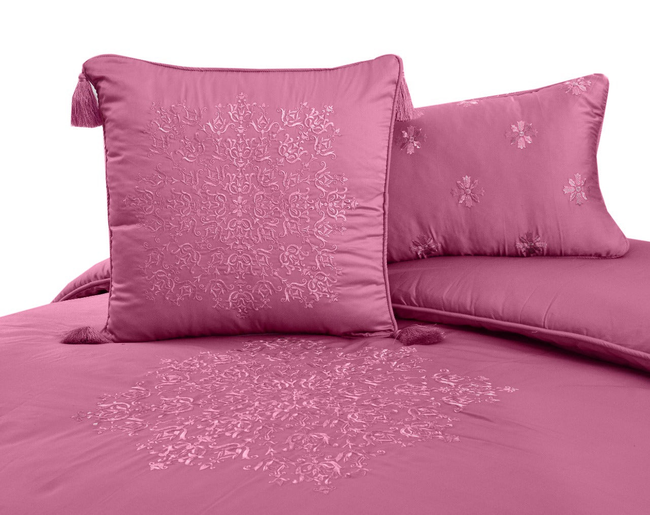 8 PCs Comforter Set Mist Pink w/Pink Emb. King- Cotton Sateen