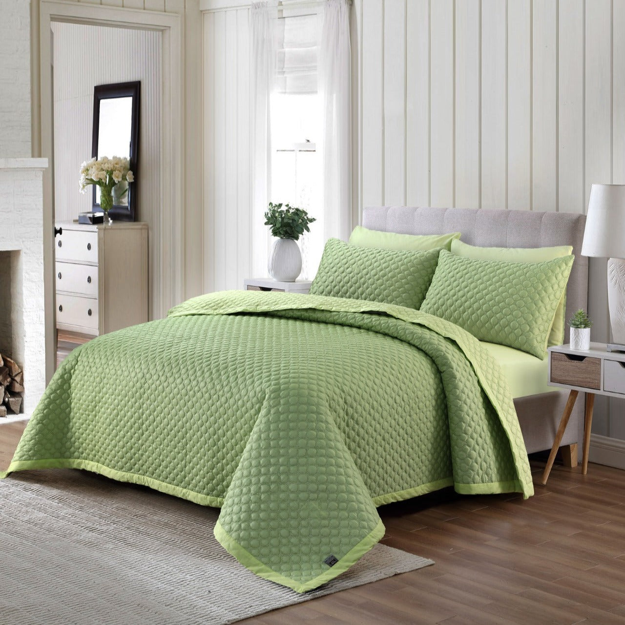 5 PCs Bed Spread Set Diamond Green - Jacquard Sateen