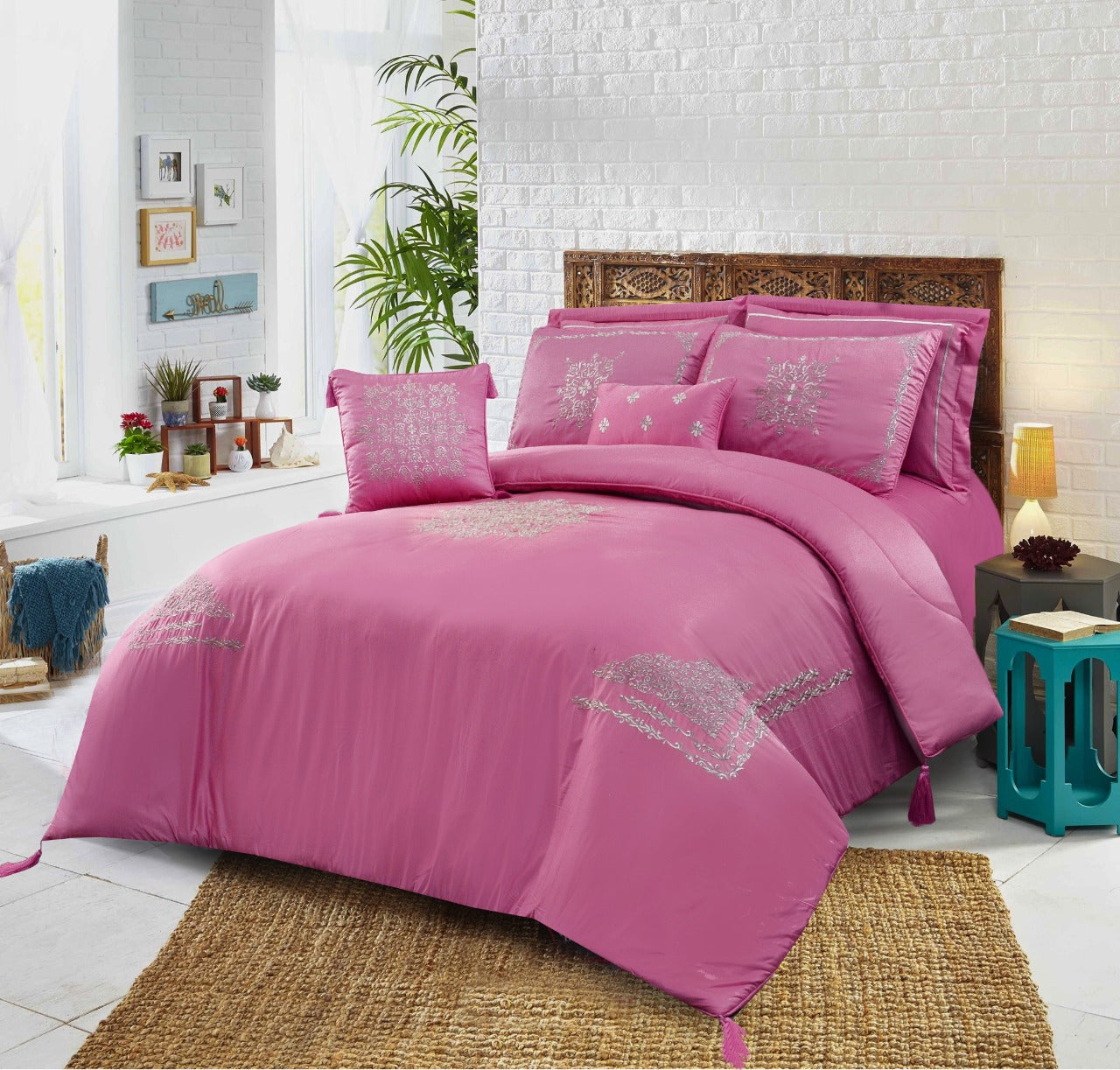 8 PCs Comforter Set Mist Pink w/Silver Emb. King- Cotton Sateen