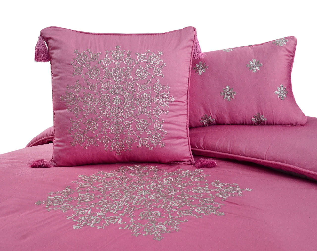 8 PCs Comforter Set Mist Pink w/Silver Emb. King- Cotton Sateen