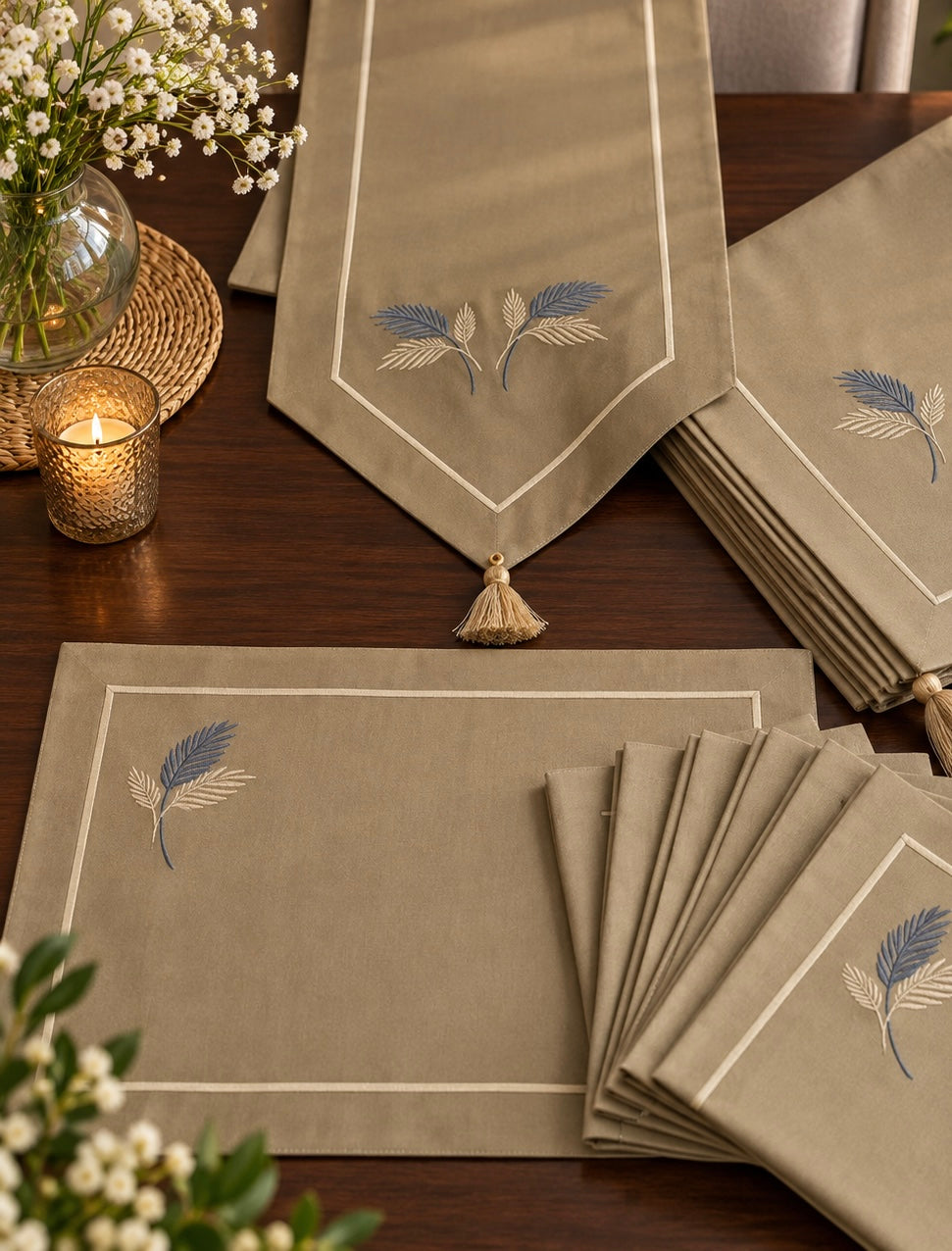 Leafy Embroidered Table Runner Set
