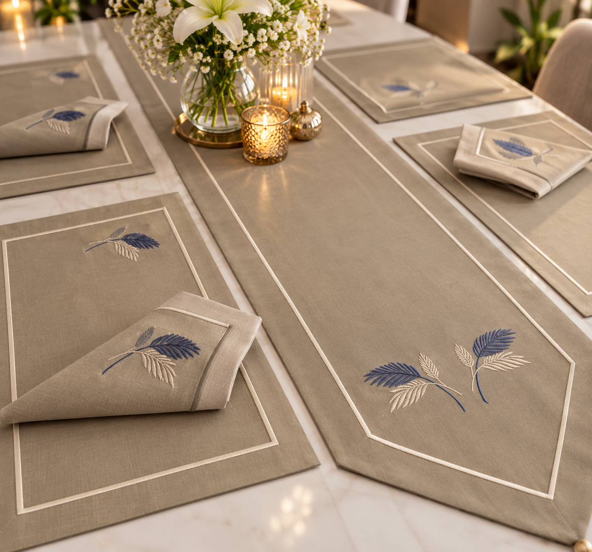 Leafy Embroidered Table Runner Set