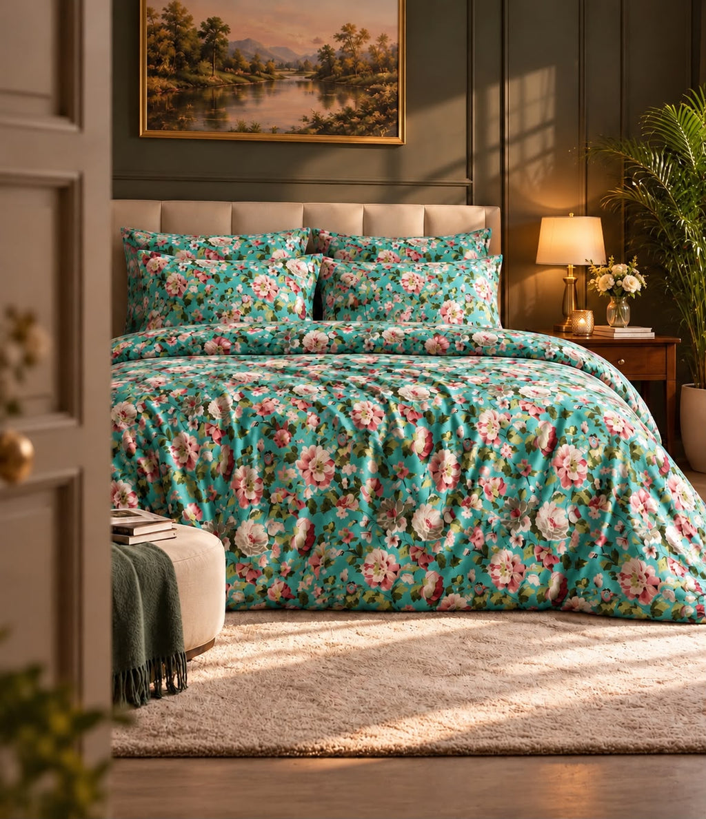 Green Flower 6 PC Duvet Cover Set